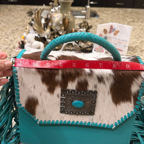 NWT  Teal Leather Fringe Cowhide Crossbody Bag with Turquoise Accent - Picture 12 of 14